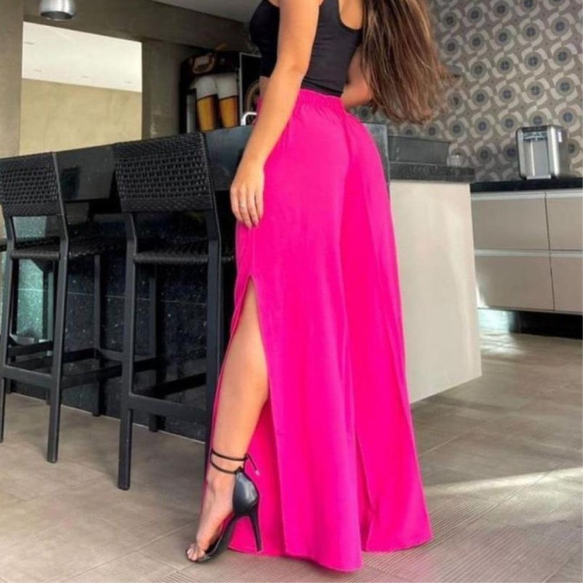 Calça Pantalona Com Fenda Lateral Tendência Moda Blogueira Conforto