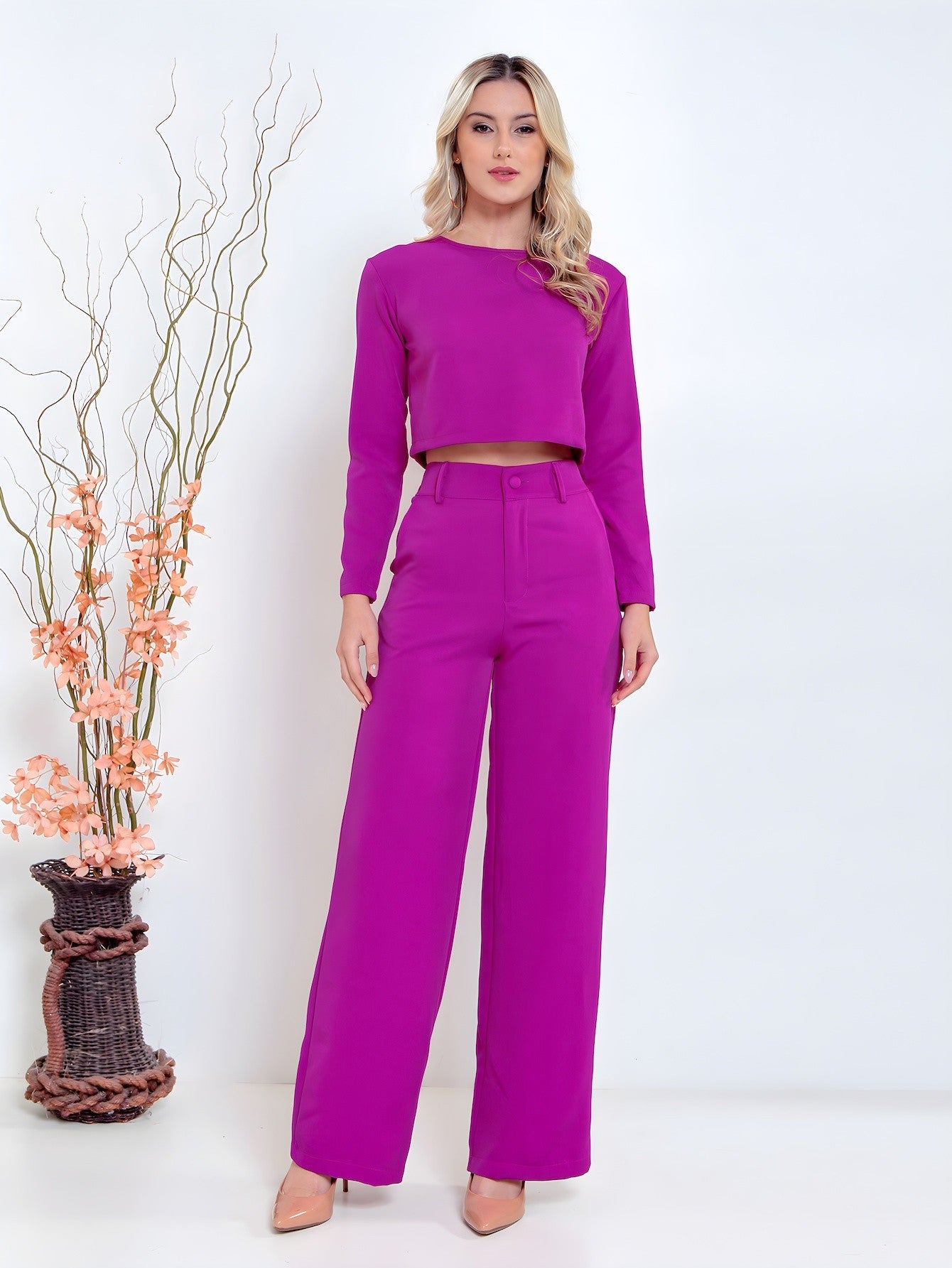 Conjunto de blusa de manga longa e calça comprida elegante feminino