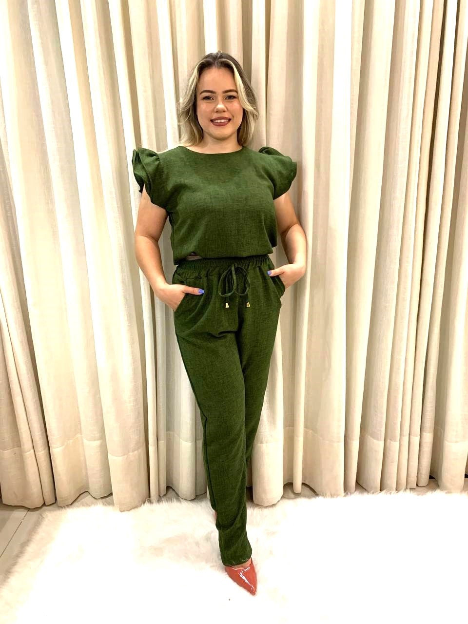 Conjunto feminino de blusa + calça com babado na manga, macacão, escritório,