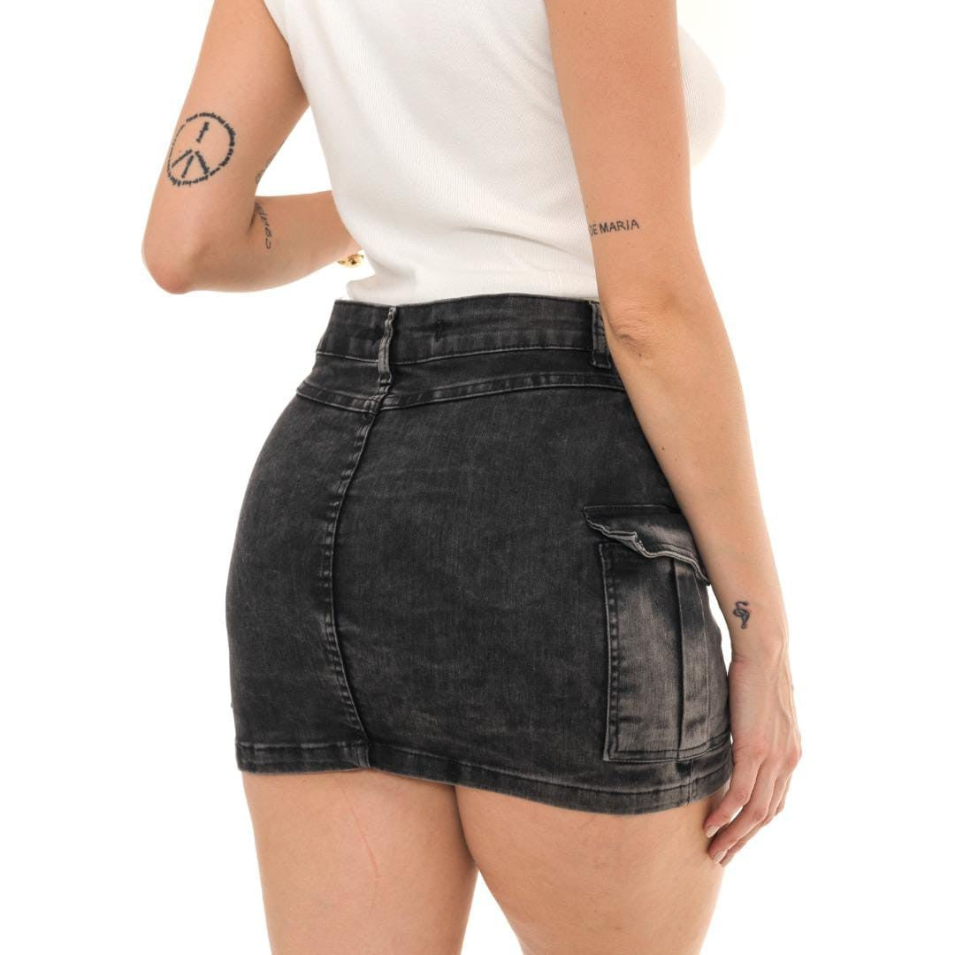 Mini Saia Cargo Cinza Grafite Marmorizada Jeans