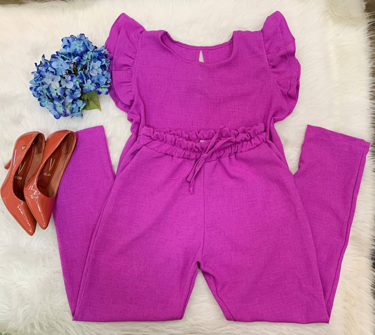 Conjunto feminino de blusa + calça com babado na manga, macacão, escritório,