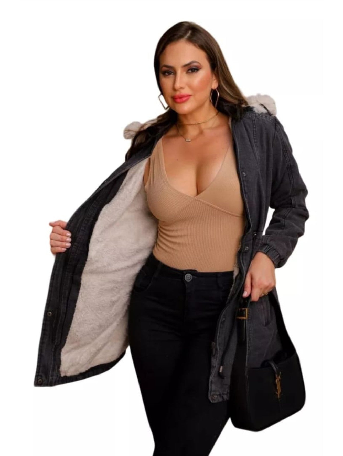 Parka casaco Jeans Feminina Linha Premium Com Capuz