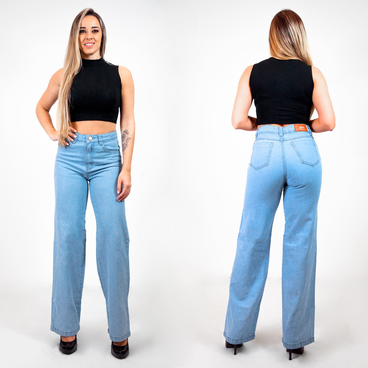 Calça Wide Leg Reta Marmorizada Jeans Claro / roupas feminina/ jeans feminino -