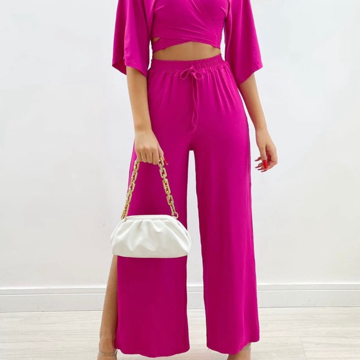 Calça Pantalona Com Fenda Lateral Tendência Moda Blogueira Conforto