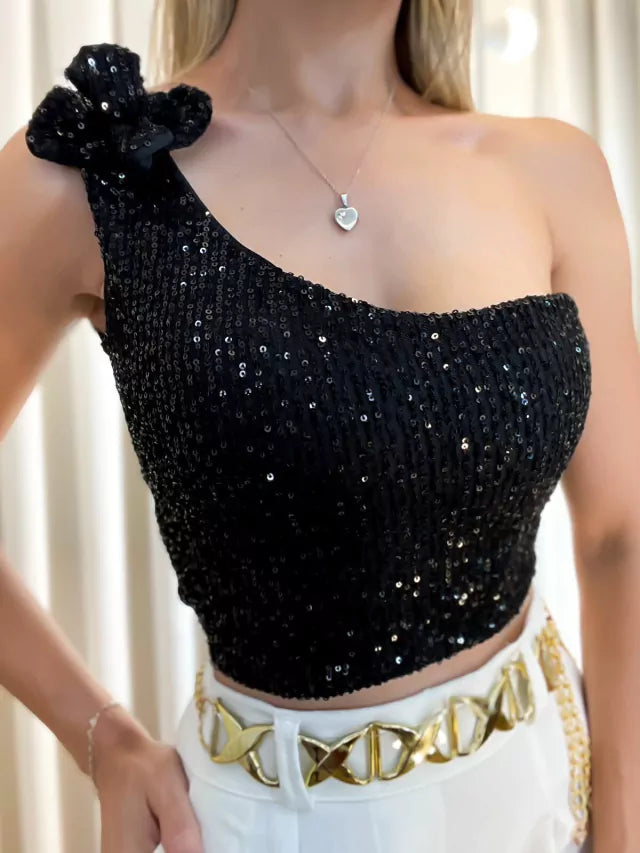 Cropped Feminino em Paetê Ombro Único e Flor