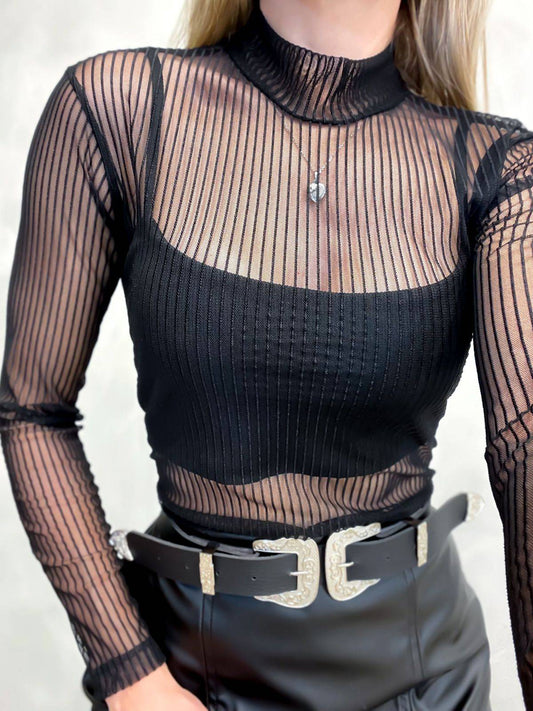 Body em Tule Listrado com Gola Ariana