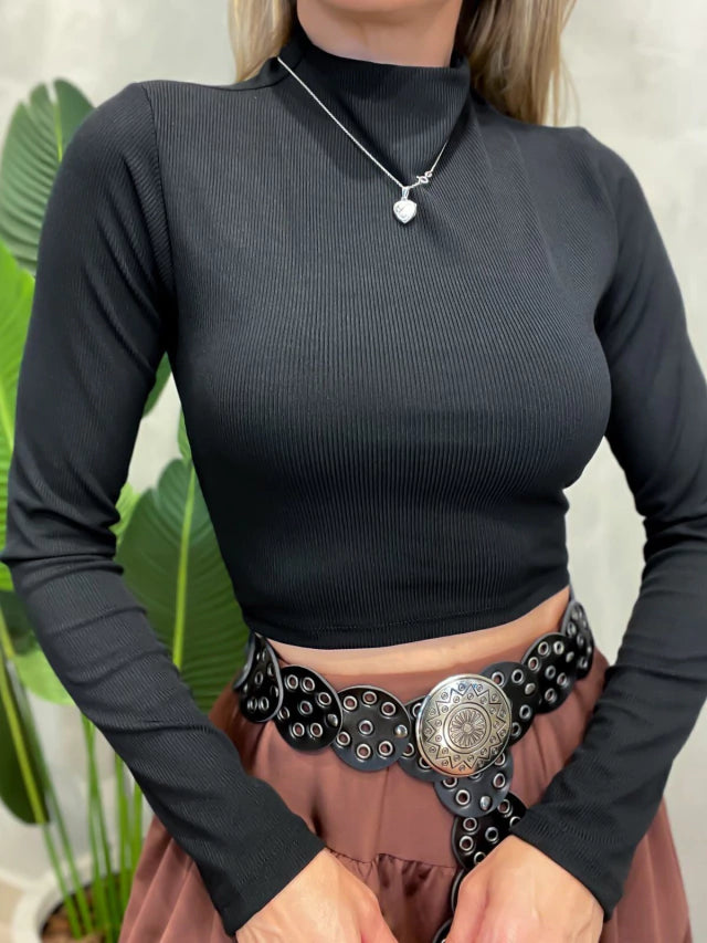 Cropped Feminino em Ribana Manga Longa com Gola