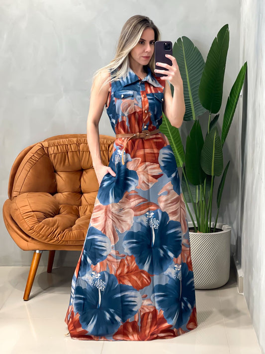 Vestido Longo em Crepe Regata com Bolsos Estampado