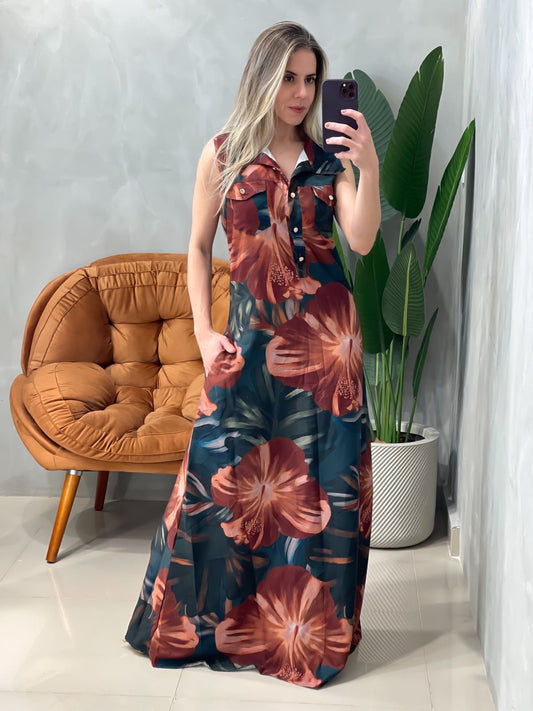 Vestido Longo em Crepe Regata com Bolsos Estampado