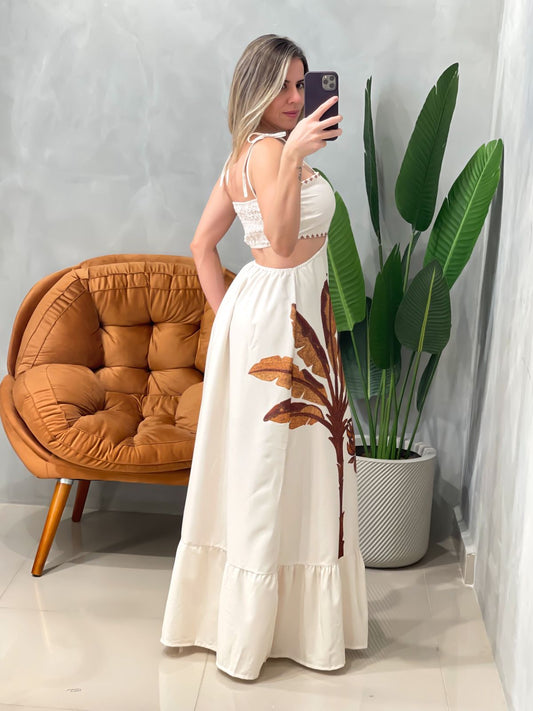 Vestido Longo em Crepe de Alça Decote Costas e Lastex Elisa