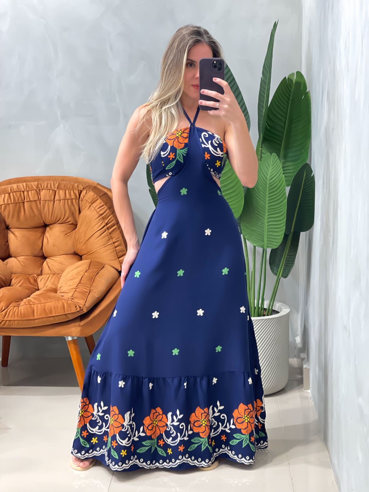 Vestido Longo em Crepe Costas Nua com Amarração