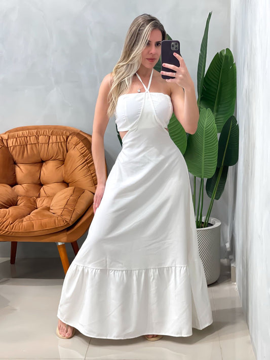 Vestido Longo em Crepe Costas Nua com Amarração