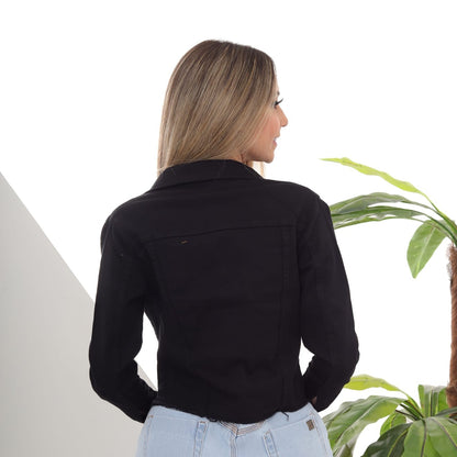 Jaqueta Feminina Cropped Sarja, Preto Tecido, Premium Outono, Inverno