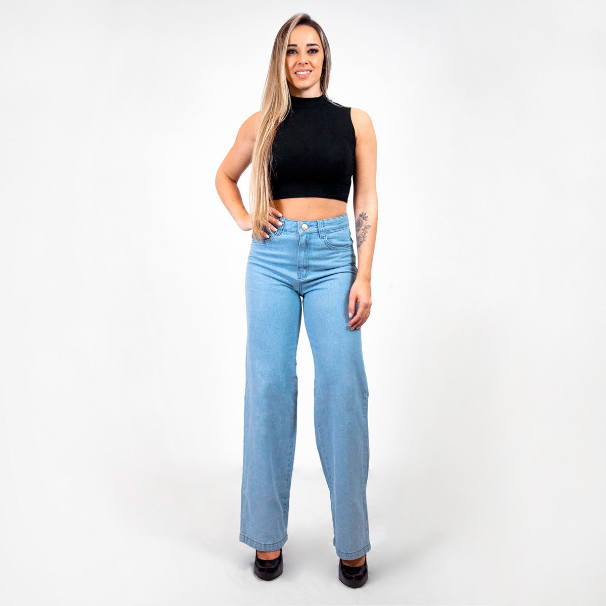 Calça Wide Leg Reta Marmorizada Jeans Claro / roupas feminina/ jeans feminino -