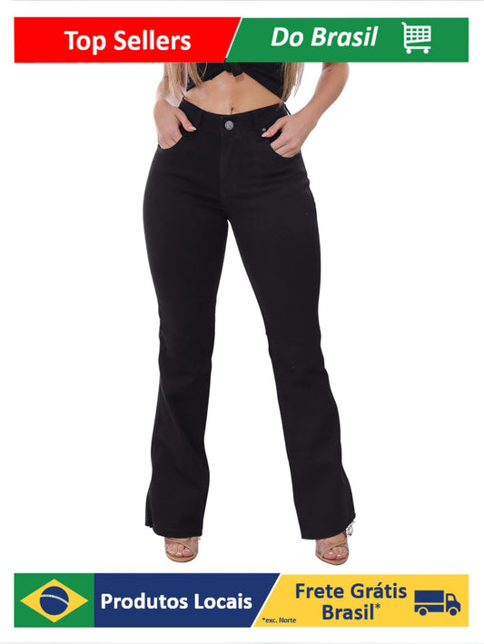Calça Jeans Feminina Flare elegante moda casual cintura alta Preto slim fit env