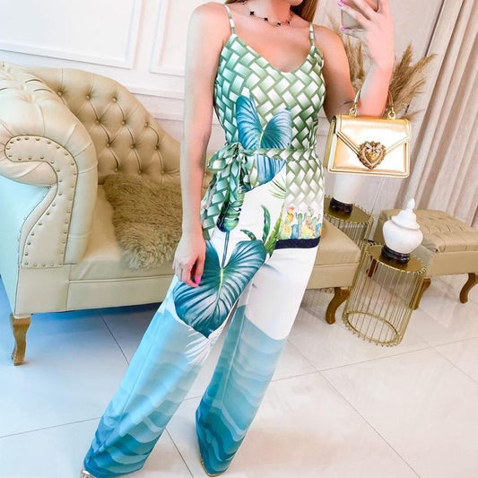 Roupas Femininas/Macacão / estampado / floral / folhagens  / cinto/EMILIMODA/EM