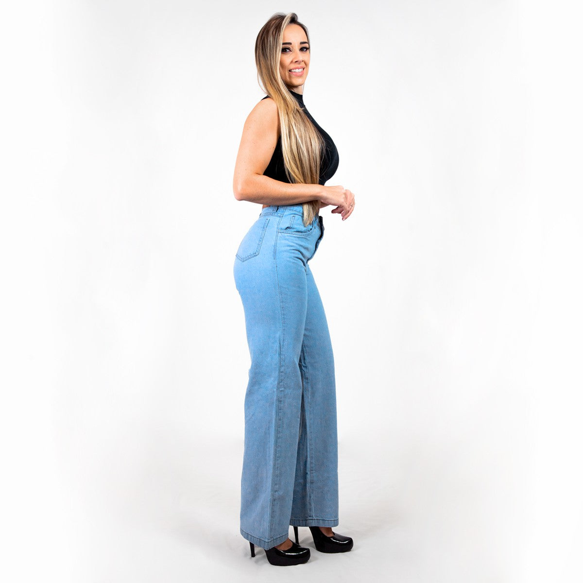Calça Wide Leg Reta Marmorizada Jeans Claro / roupas feminina/ jeans feminino -