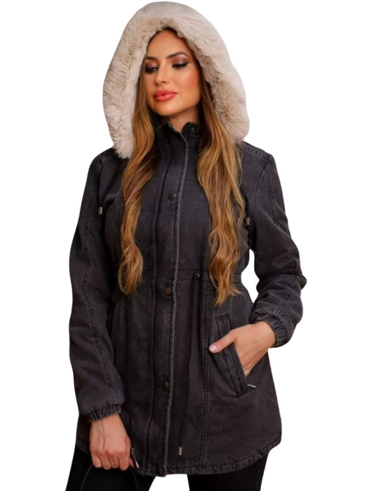 Parka casaco Jeans Feminina Linha Premium Com Capuz