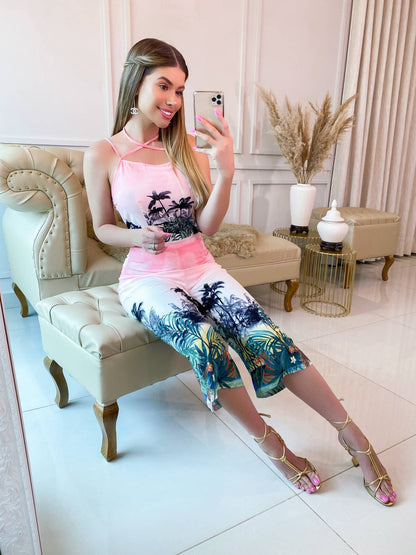 Roupas Femininas/Macacão/pantacurt/estampado/floral/coqueiro/vazado/EMILIMODA/E