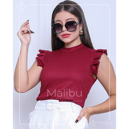 Blusinha Canelada Com Babadinho Nos Ombros Feminina Moda