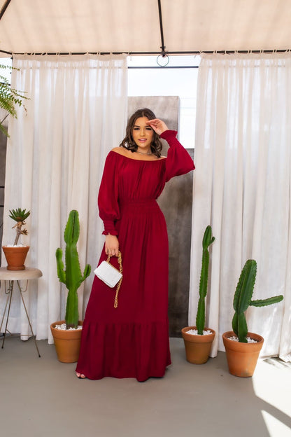 Vestido longo luxo ombro manga longa viscolinho