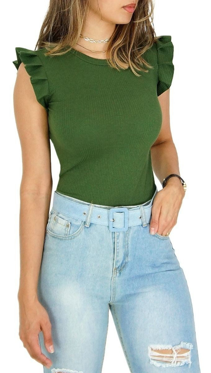 Blusinha Canelada Com Babadinho Nos Ombros Feminina Moda