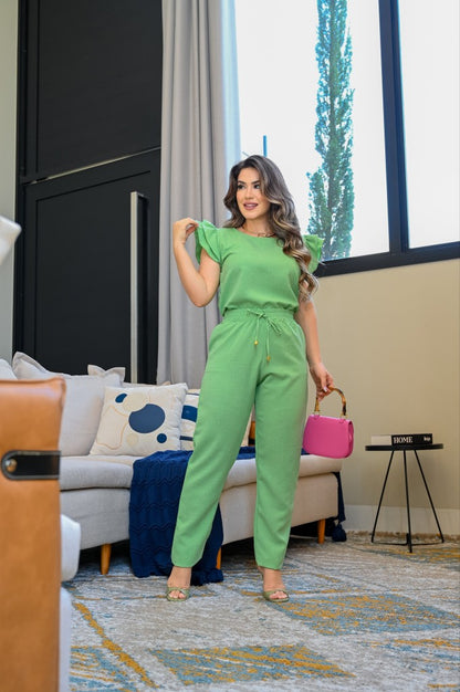 Conjunto feminino de blusa + calça com babado na manga, macacão, escritório,