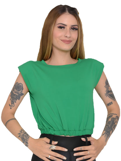 Blusa feminina sem mangas com elástico na barra