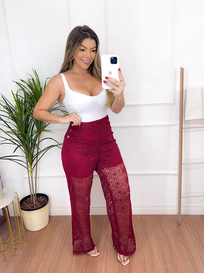 Roupas Femininas/Calça/floral/zíper/renda/frontal/EMILIMODA/EM8164