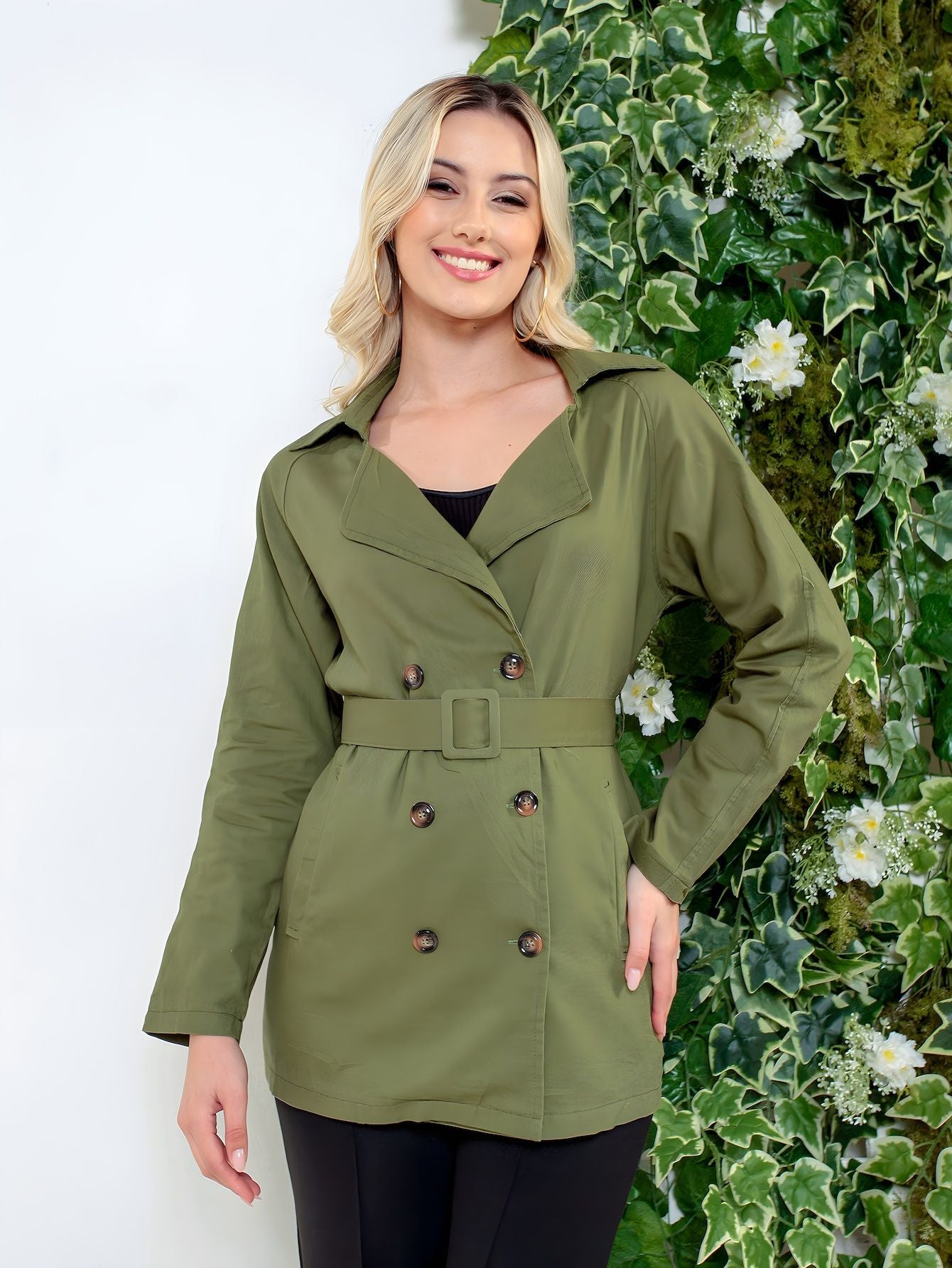 Gabardina Transpassado pescoco de lapela com cinto