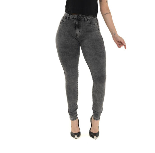 Calça Jeans Feminina Cinza Grafite Manchado Marmorizada Moda Premium Cintura Média