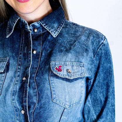 Camisa Jeans Escura Botões Manga Longa Desbotada / Roupas Femininas / Camisas E