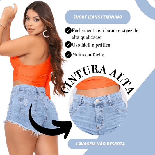 Shorts Jeans Feminino Curto Levanta Bumbum Confortável Azul