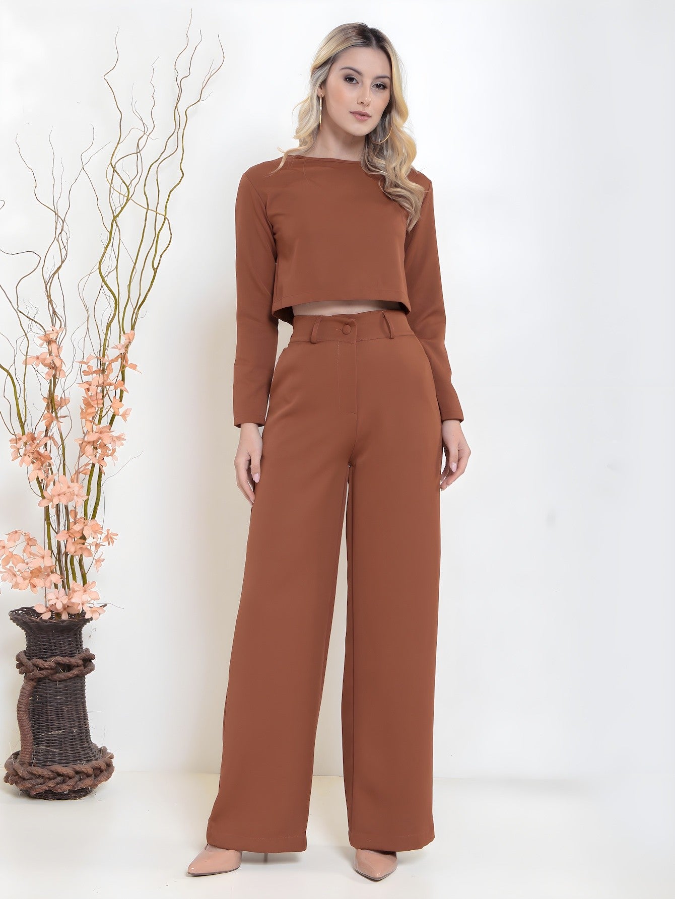 Conjunto de blusa de manga longa e calça comprida elegante feminino