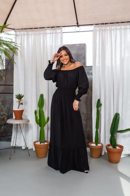 Vestido longo luxo ombro manga longa viscolinho