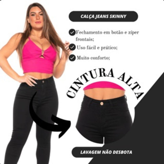 Calça Jeans Skinny  Feminina Com Lycra Cintura Alta Preta