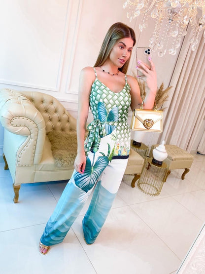 Roupas Femininas/Macacão / estampado / floral / folhagens  / cinto/EMILIMODA/EM