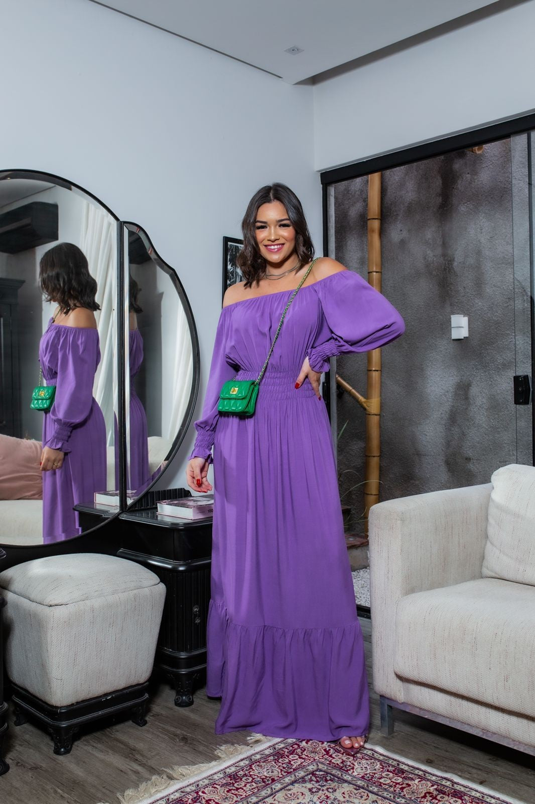 Vestido longo luxo ombro manga longa viscolinho