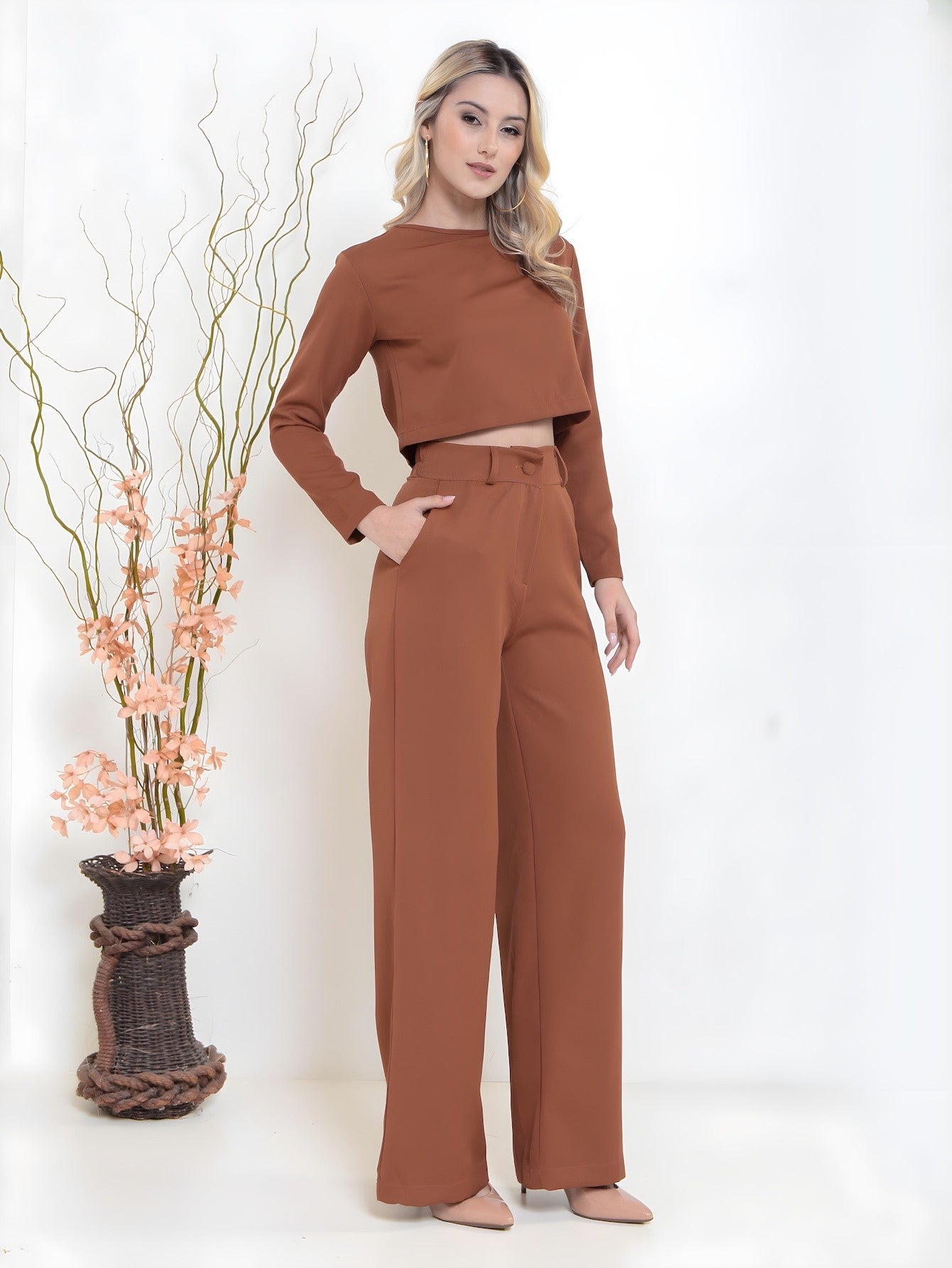 Conjunto de blusa de manga longa e calça comprida elegante feminino