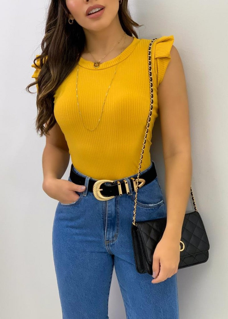 Blusinha Canelada Com Babadinho Nos Ombros Feminina Moda