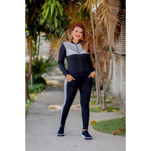 Conjunto Crepe Manga Longa Feminino Calça E Blusa Ziper