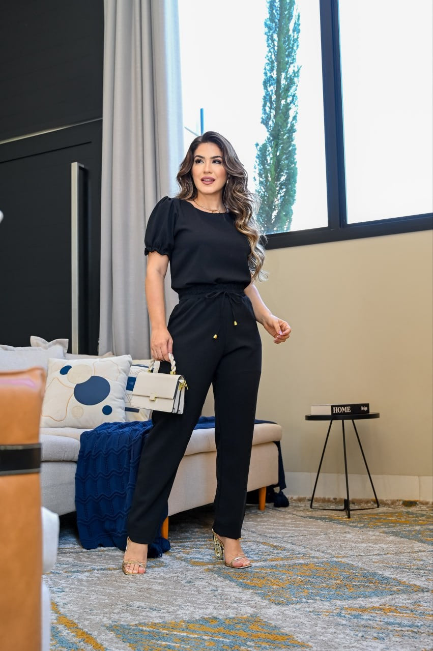 Conjunto feminino de escritório blusa e calça com babado na manga