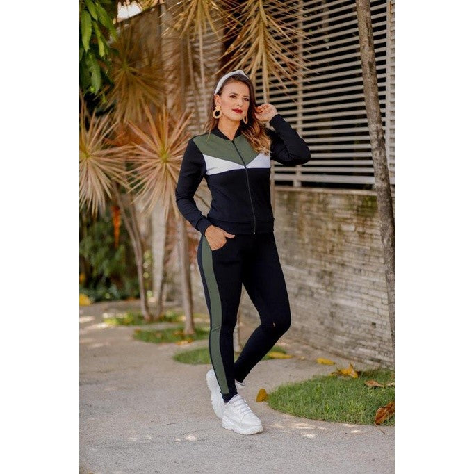 Conjunto Crepe Manga Longa Feminino Calça E Blusa Ziper