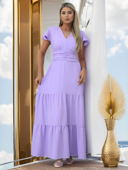 Vestido Longo Duna com Decote em V Cintura Elástica e Mangas Estilo Babado a Pe