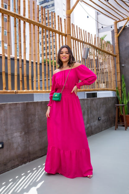 Vestido longo luxo ombro manga longa viscolinho