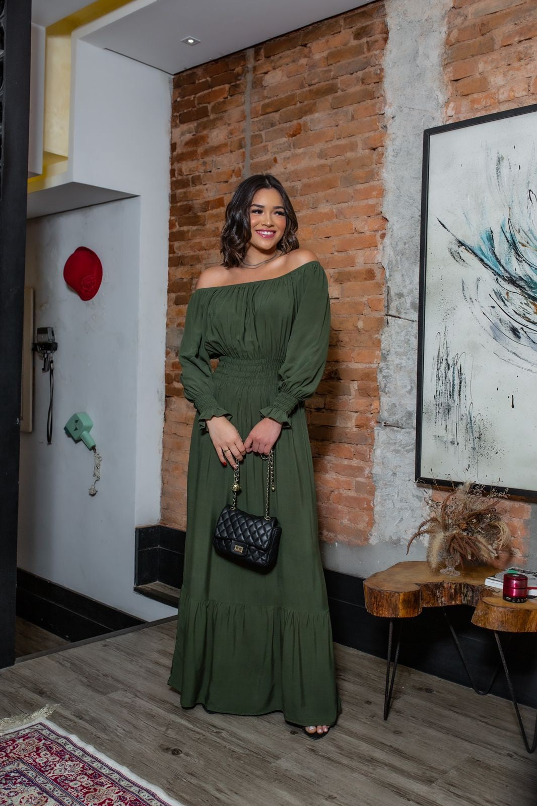 Vestido longo luxo ombro manga longa viscolinho