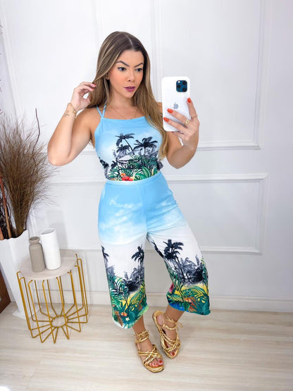 Roupas Femininas/Macacão/pantacurt/estampado/floral/coqueiro/vazado/EMILIMODA/E