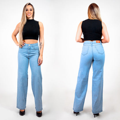 Calça Wide Leg Reta Marmorizada Jeans Claro / roupas feminina/ jeans feminino -
