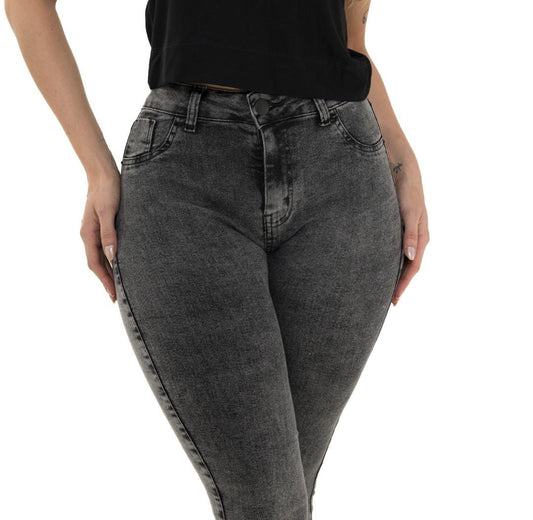 Calça Jeans Feminina Cinza Grafite Manchado Marmorizada Moda Premium Cintura Média