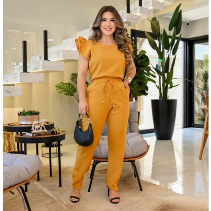 Trafza Conjunto Alfaiataria Feminino Casual Blusa Calça em Linho Ternos 2 peça